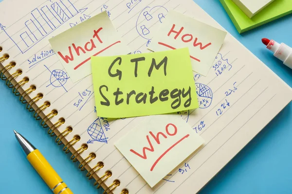 Bloc-notes avec marques et autocollant stratégie GTM. — Photo