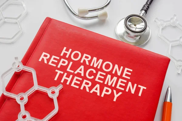 Livro Sobre Terapia Reposição Hormonal Modelos Moléculas — Fotografia de Stock