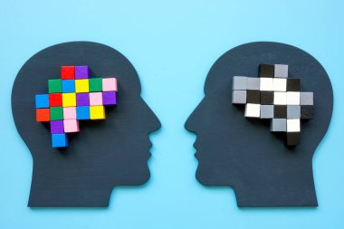 Positive and negative thinking concept. Heads and a brain from colored cubes.