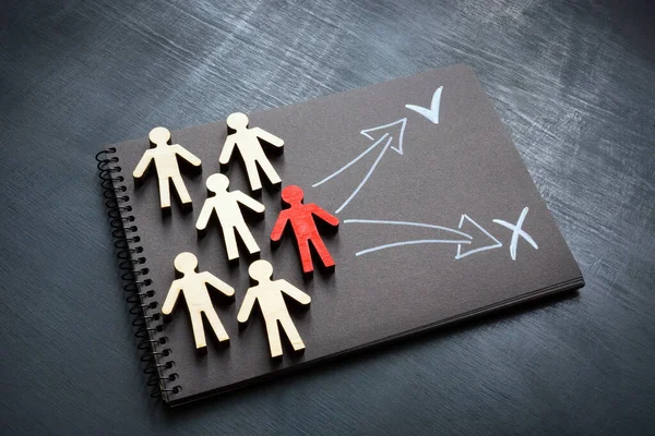 Figurines Arrows Wrong Wright Directions Visionary Leadership Concept — Fotografia de Stock