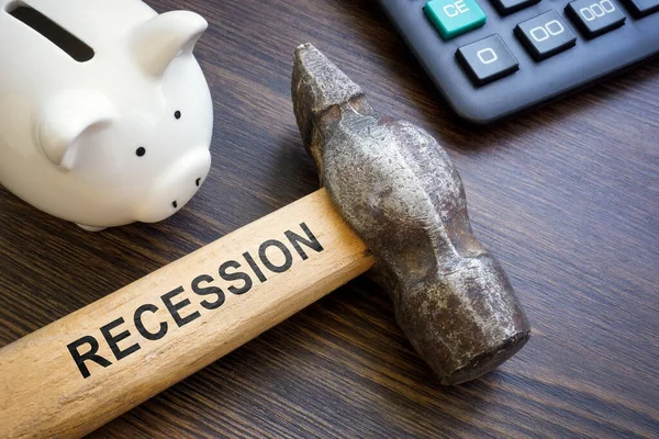 Piggy Bank Savings Hammer Word Recession — Fotografia de Stock