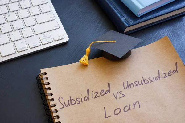 Sign Subsidized vs unsubsidized student loan and a graduation cap.
