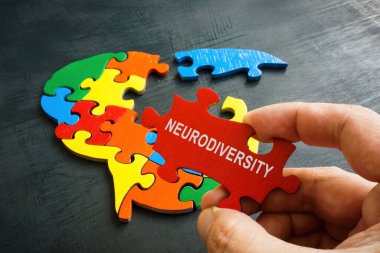 Neurodiversity concept. Brain from puzzle and a hand holds a piece with an inscription. clipart