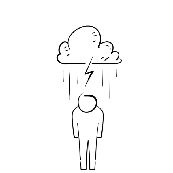 Mão Desenhado Doodle Pessoas Depressão Sob Chuva Nuvem Ilustração — Vetor de Stock