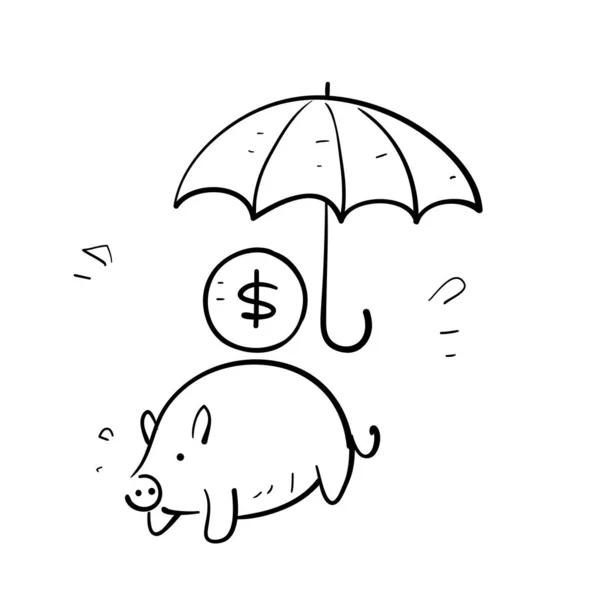 手绘涂鸦伞储蓄罐和货币符号作为金融保护图标 — 图库矢量图片