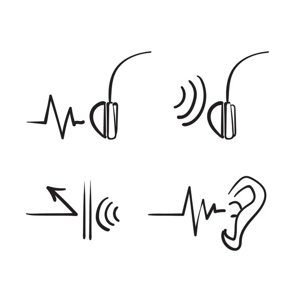 Hand Drawn Doodle Ear Headphone Sound Wave Block Illustration Vector — Stock Vector