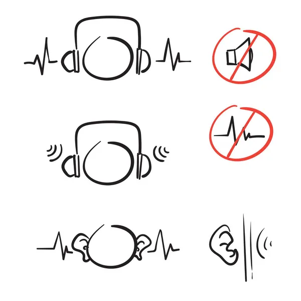 Χειροποίητα Doodle Αυτί Και Ακουστικά Ηχητικό Κύμα Εικονογράφηση Μπλοκ Διάνυσμα — Διανυσματικό Αρχείο