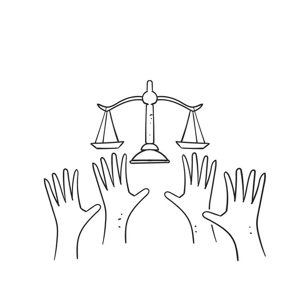 Hand Drawn Doodle Hand Holding Weight Scale Illustration Symbol Justice — Vetor de Stock