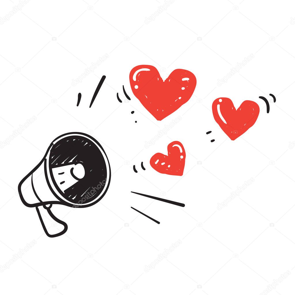 hand drawn doodle megaphone and love illustration vector symbol for spread love