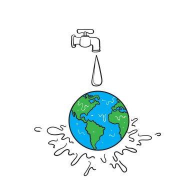 El çizimi karalama suyu musluğu ve su dünyası illüstrasyonu için toprak sembolü