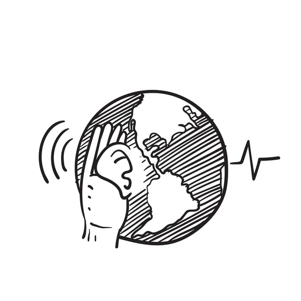 Mano Disegnato Doodle Globo Terra Con Orecchio Udito Voce Illustrazione — Vettoriale Stock