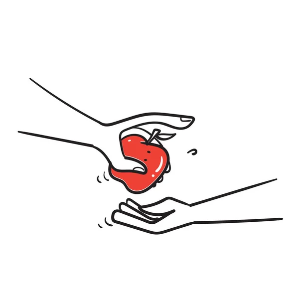 Mão Desenhada Doodle Mãos Dando Recebendo Maçãs Ilustração Isolado — Vetor de Stock