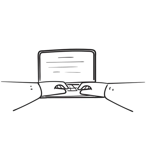 Hand Gezeichnet Doodle Hand Tippen Auf Laptop Illustration Vektor Isoliert — Stockvektor