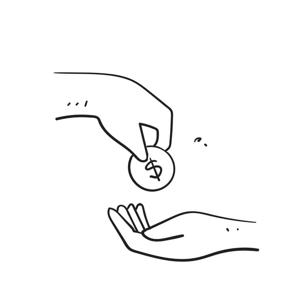 Mão Desenhada Doodle Mão Dar Levar Dinheiro Moeda Ilustração Isolada — Vetor de Stock