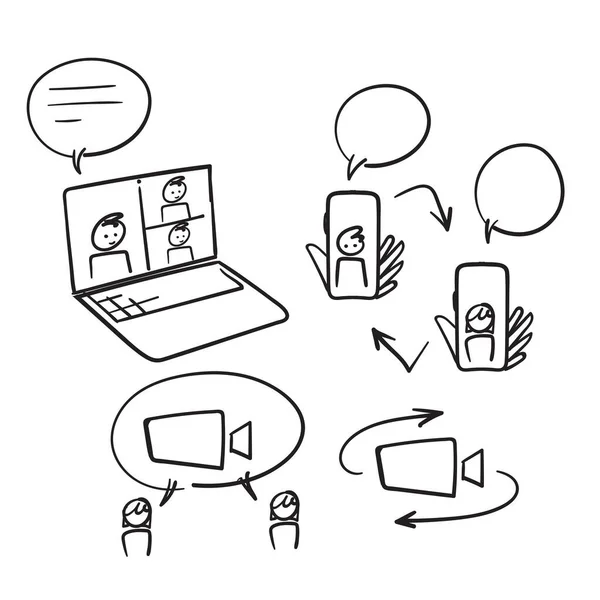 Handgezeichnetes Doodle Einfaches Set Videokonferenz — Stockvektor