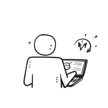 hand drawn doodle business person working on laptop with clock symbol for flexible schedule work illustration vector