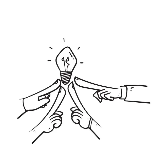 Hand Drawn Doodle Hand Holding Bulb Together Symbol Team Brainstorm — Stok Vektör