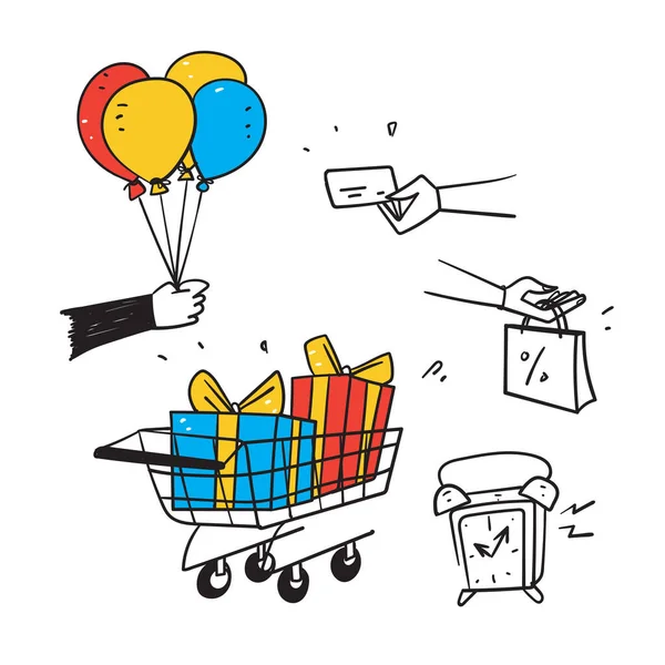 Dessin Main Doodle Shopping Vente Promotion Icône Connexes Illustration Vecteur — Image vectorielle