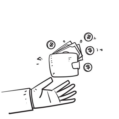 El çizimi para cüzdanı yeşil kağıt dolar ve altın sikkeler illüstrasyon vektörü