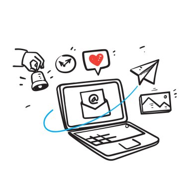 Gazete aboneliği illüstrasyonuna ekran sembolü ile el çizimi karalama zarfı