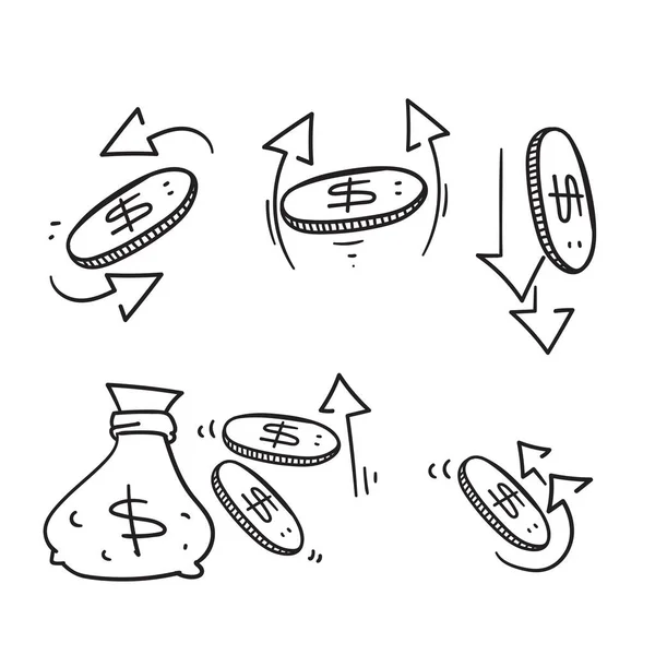 Mão Desenhado Doodle Simples Conjunto Dinheiro Movimento Ilustração Vetor Isolado — Vetor de Stock
