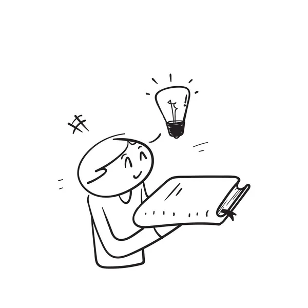 Hand Drawn Doodle Character Holding Book Have Idea Bulb Illustration — 스톡 벡터