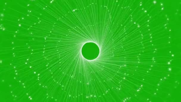 緑の画面の背景を持つスパイラルライト線とキラキラ粒子の動きのグラフィック — ストック動画