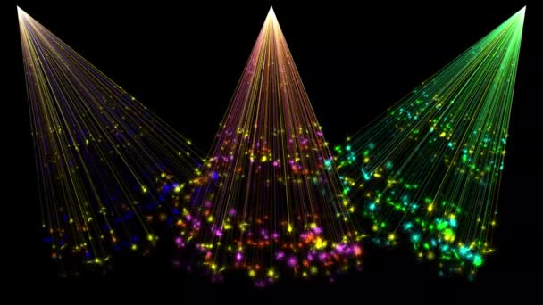 Bunte Dekorative Lichtstrahlen Und Glitzerpartikel Bewegungsgrafik Mit Nächtlichem Hintergrund — Stockvideo
