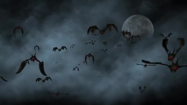 Flying Bats Fog Moon Background — Stock Video