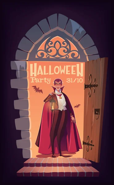 Cadılar Bayramı Partisi Kale Vektör Illüstrasyonunun Kapısında Vampir Var — Stok Vektör