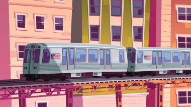 Chicago caddesindeki metro treni klasik şehir manzarası illüstrasyonu