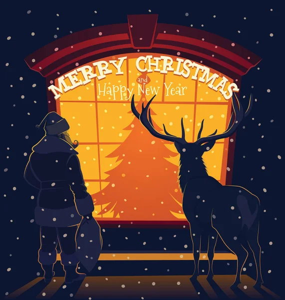 Санта Клаус Стоит Перед Иллюстрацией Витрине Дома — стоковый вектор