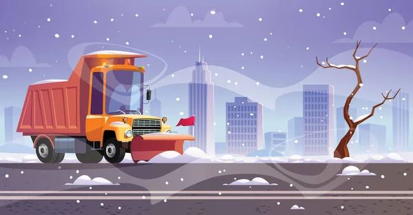 冬の道路上の雪の耕運機のクリーニング — ストックベクタ