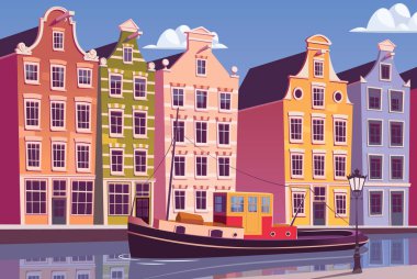 Amsterdam kanalında römorkör vintage şehir vektör illüstrasyonu