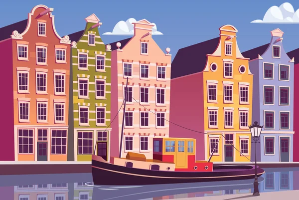 Буксир Амстердамском Канале Винтажная Векторная Иллюстрация Городского Пейзажа — стоковый вектор