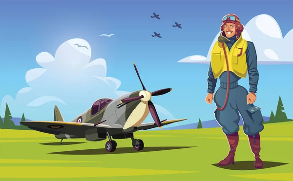 Britse Piloot Spitfire Gevechtsvliegtuig Het Veld Tweede Wereldoorlog — Stockvector