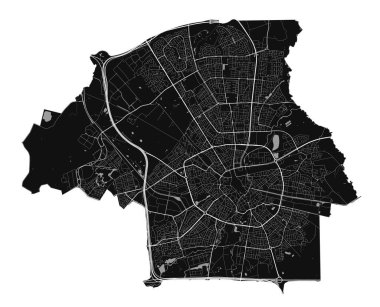 Eindhoven haritası. Eindhoven şehrinin idari alanının ayrıntılı vektör haritası. Şehir Posteri Arya Manzarası. Beyaz sokakları, yolları ve caddeleri olan siyah topraklar. Beyaz arkaplan.