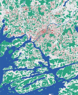 Turku vektör haritası. Turku şehrinin idari alanının ayrıntılı haritası. Şehir manzarası manzarası. Kraliyetten bağımsız vektör çizimi. Binalar, su ve ormanlarla dolu bir harita. Turist dekoratif sokak haritası.