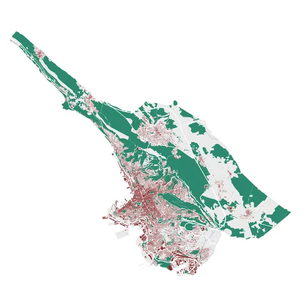 Trieste vektör haritası. Trieste şehri yönetim bölgesinin detaylı haritası. Şehir manzarası manzarası. Kraliyetten bağımsız vektör çizimi. Binalar, su ve ormanlarla dolu bir harita. Turist dekoratif sokak haritası.