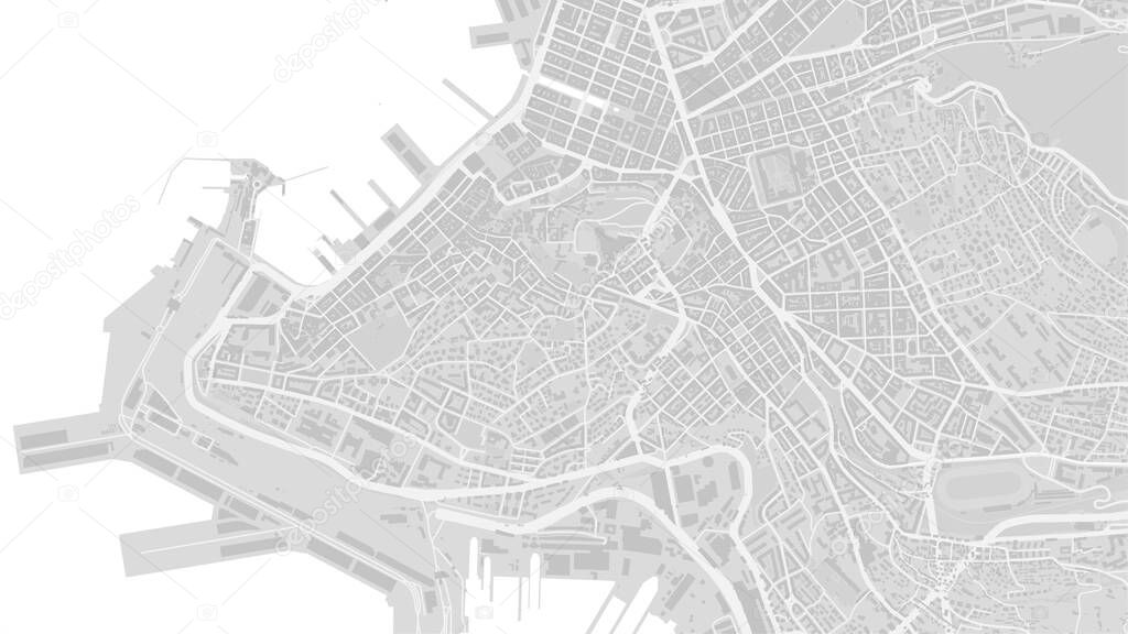 White and light grey Trieste City area vector background map, streets and water cartography illustration. Widescreen proportion, digital flat design streetmap.