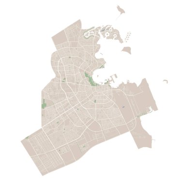 Doha vektör haritası. Doha şehrinin idari alanının detaylı haritası. Şehir manzarası manzarası. Kraliyetten bağımsız vektör çizimi. Karayolları, sokaklar, nehirler. Turist dekoratif sokak haritası.
