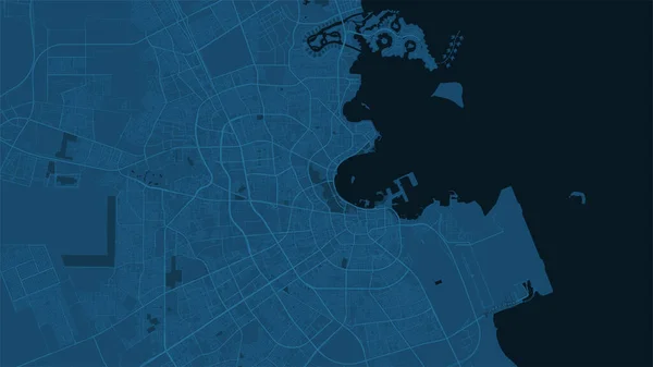 ダークブルードーハシティエリアのベクトル背景マップ 通りや水の地図イラスト ワイドスクリーン比率 デジタルフラットデザインストリートマップ — ストックベクタ