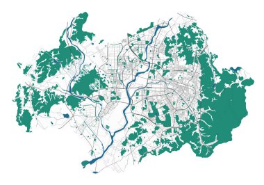 Gwangju vektör haritası. Gwangju şehir yönetim bölgesinin detaylı haritası. Şehir manzarası manzarası. Kraliyetten bağımsız vektör çizimi. Karayolları, sokaklar, nehirler. Turist dekoratif sokak haritası.