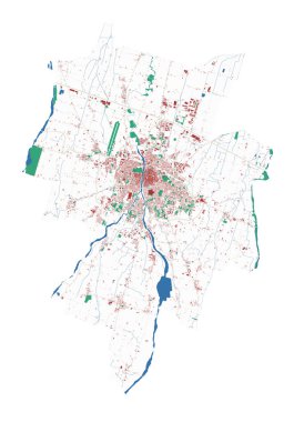 Parma vektör haritası. Parma şehri yönetim bölgesinin detaylı haritası. Şehir manzarası manzarası. Kraliyetten bağımsız vektör çizimi. Binalar, su ve ormanlarla dolu bir harita. Turist dekoratif sokak haritası.