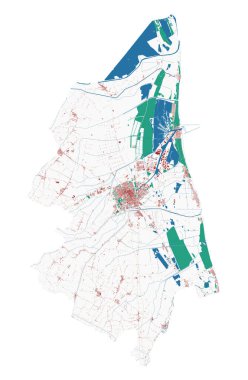 Ravenna vektör haritası. Ravenna şehir idari bölgesinin ayrıntılı haritası. Şehir manzarası manzarası. Kraliyetten bağımsız vektör çizimi. Binalar, su ve ormanlarla dolu bir harita. Turist dekoratif sokak haritası.