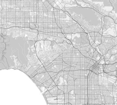 Los Angeles şehir haritası. Vektör illüstrasyonu, Los Angeles haritası gri tonlu sanat posteri. Yollu sokak haritası, metropol şehir manzaralı.