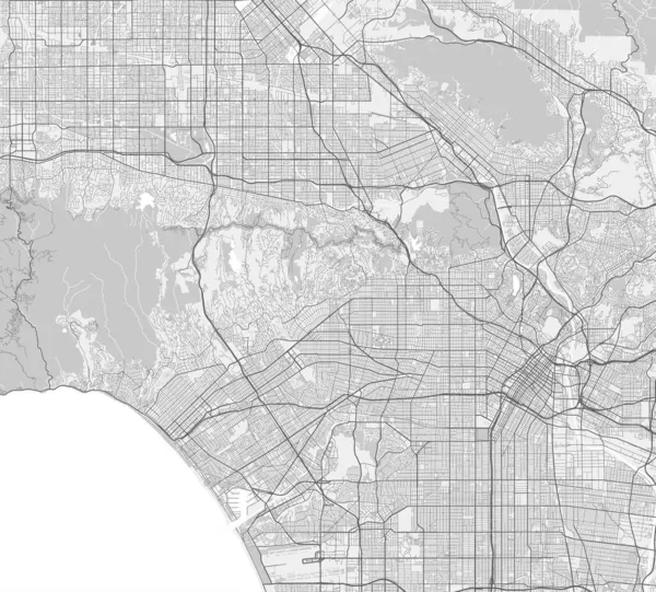 ロサンゼルスの都市地図 ベクターイラスト ロサンゼルス地図グレースケールアートポスター 市街地ビューの道路と街の地図画像 — ストックベクタ
