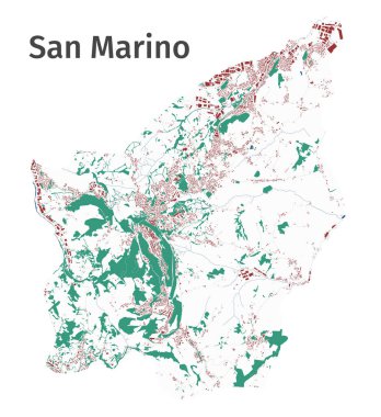San Marino vektör haritası. San Marino ülke yönetim bölgesinin detaylı haritası. Kırsal manzara manzarası. Kraliyetten bağımsız vektör çizimi. Binalar, su ve ormanlarla dolu bir harita. Turist dekoratif sokak haritası.
