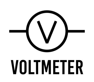 Voltmetre elektronik bileşen, vektör simgesi düz tasarım konsepti. Eğitim için elektrik fiziği şeması. Beyaz arkaplanda siyah.