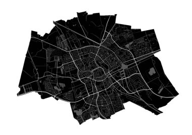 Groningen haritası. Groningen şehrinin idari alanının detaylı vektör haritası. Şehir Posteri Arya Manzarası. Beyaz sokakları, yolları ve caddeleri olan siyah topraklar. Beyaz arkaplan.
